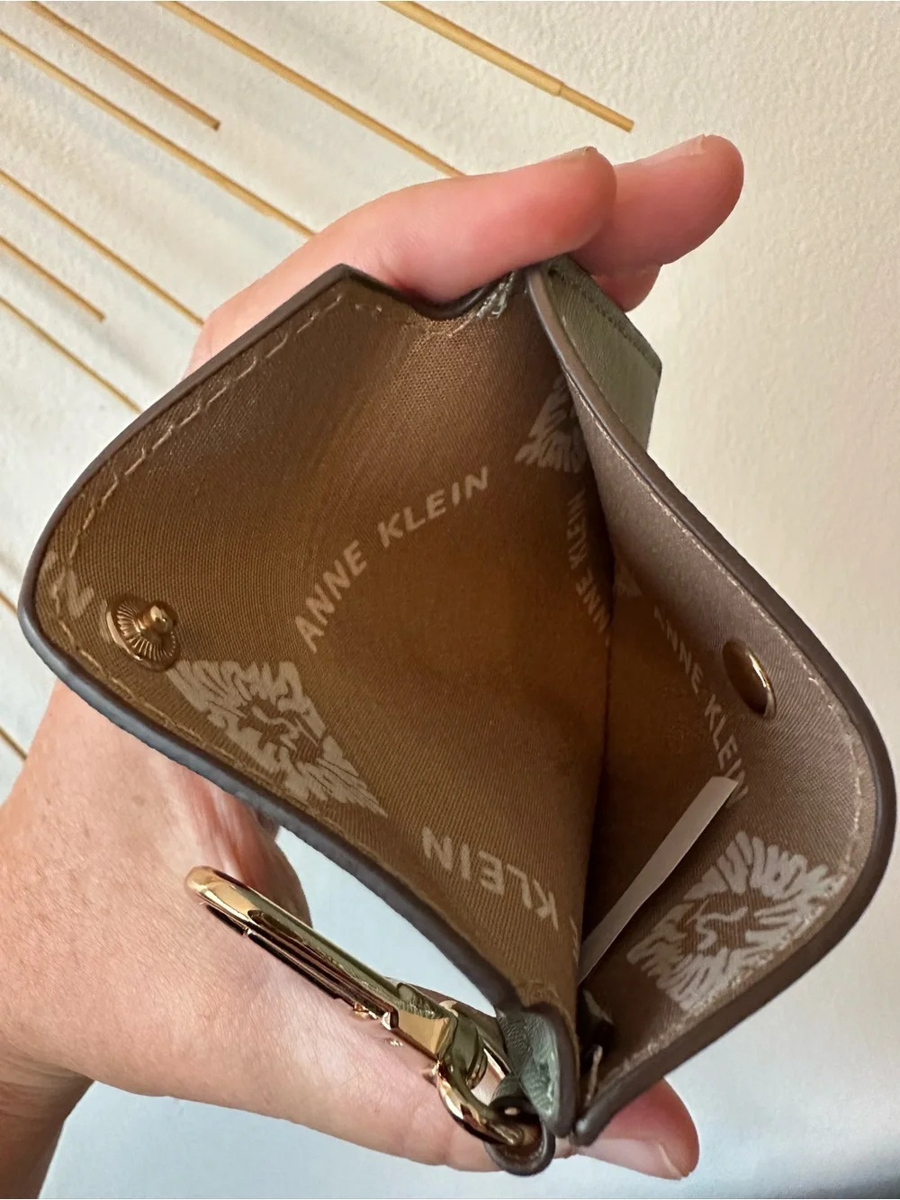 Anne Klein Sage Green Envelope Card Holder w/ Gold Snap Bag Charm Keychain NWOT